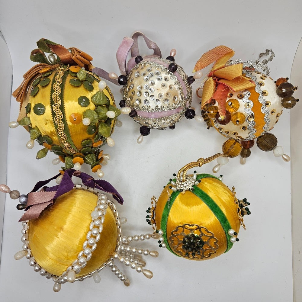 Vintage‎ Handmade Satin Beaded Christmas Ornaments Lot of 5 Sequin Pearl Bead